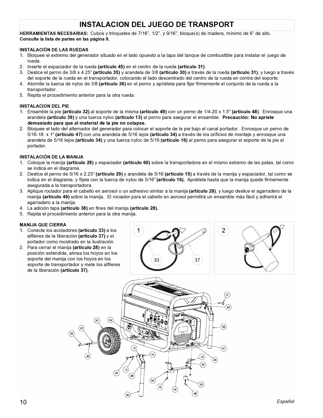 Powermate PM0605000 manual Instalacion DEL Juego DE Transport 