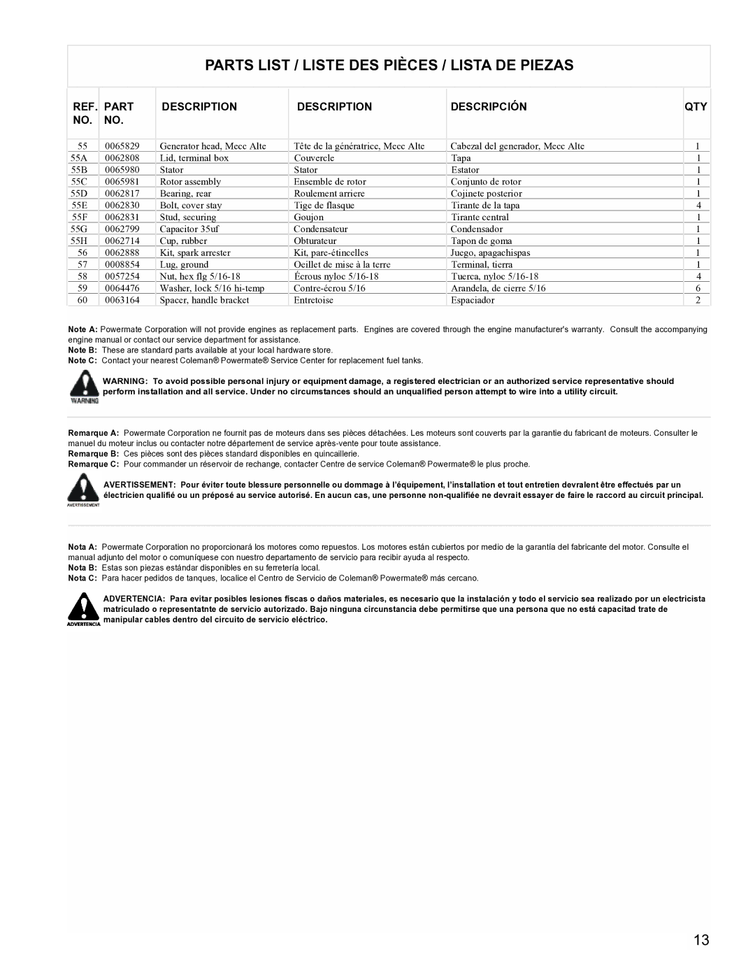 Powermate PM0605000 manual Parts List / Liste DES Pièces / Lista DE Piezas 