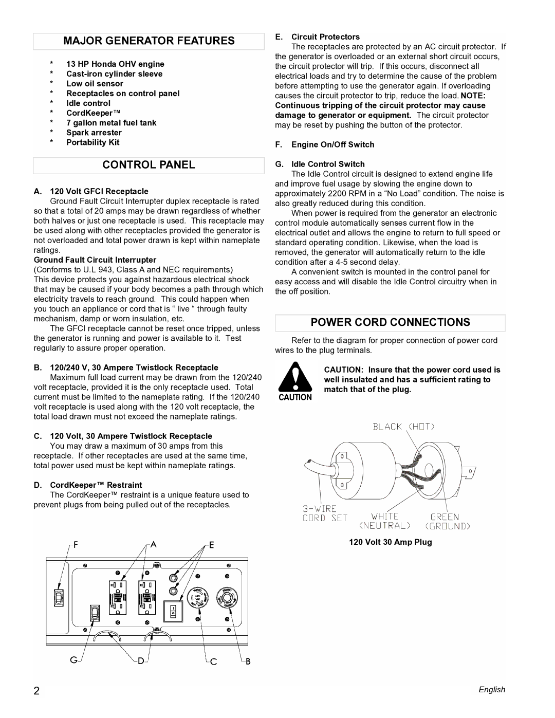 Powermate PM0605000 manual Major Generator Features, Control Panel, Power Cord Connections 