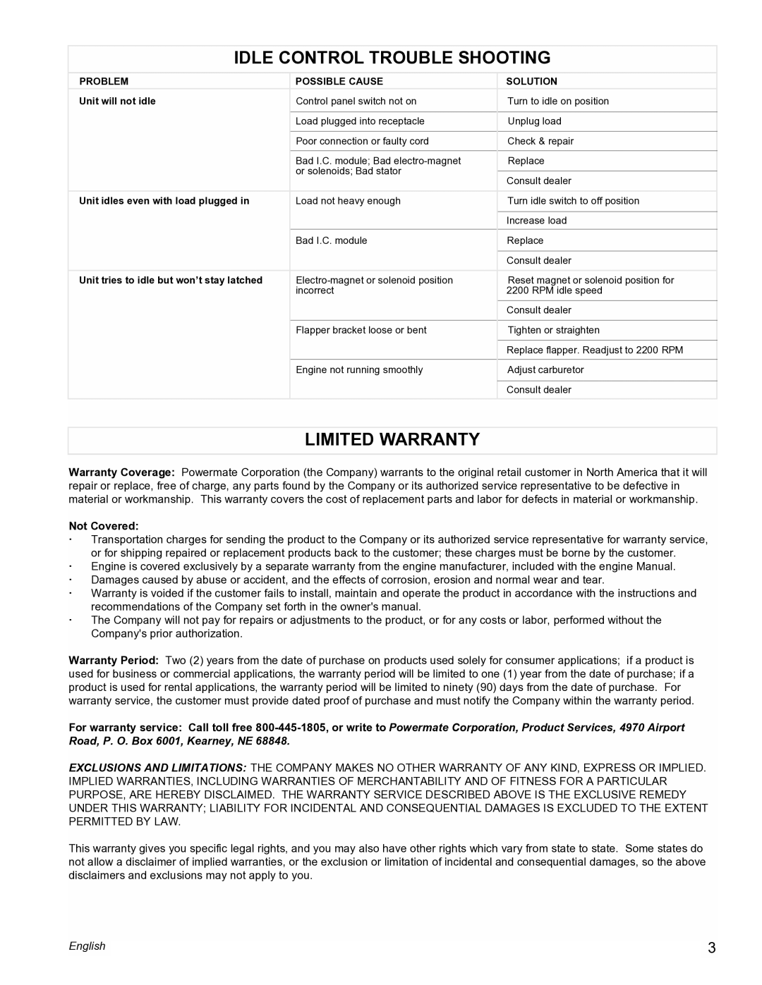 Powermate PM0605000 manual Idle Control Trouble Shooting, Limited Warranty, Not Covered 