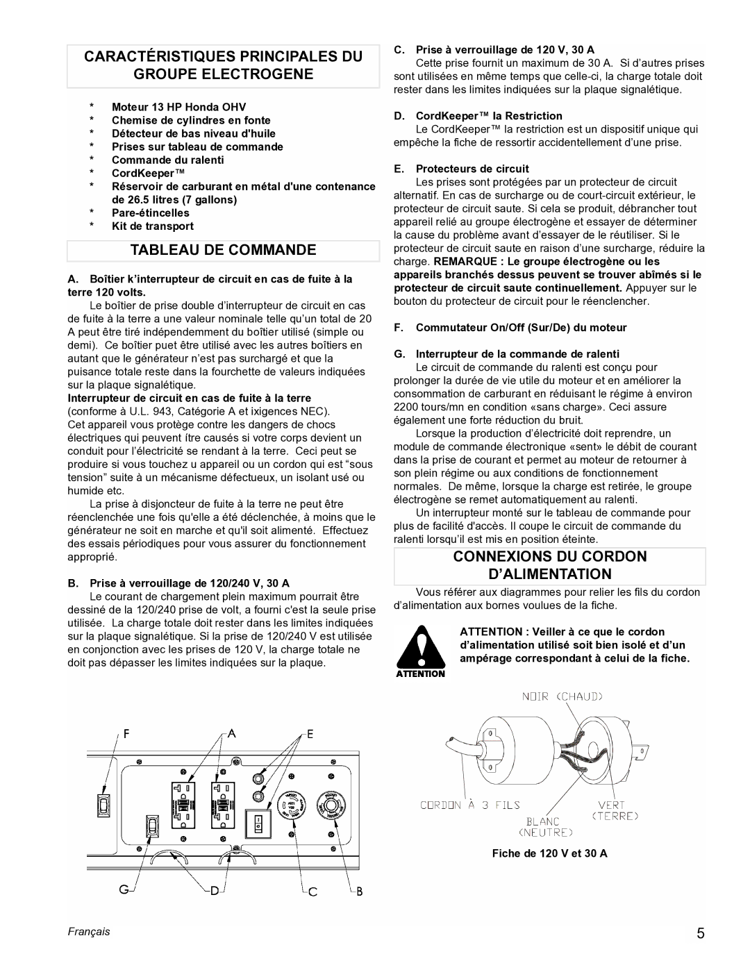 Powermate PM0605000 manual Caractéristiques Principales DU Groupe Electrogene, Tableau DE Commande 