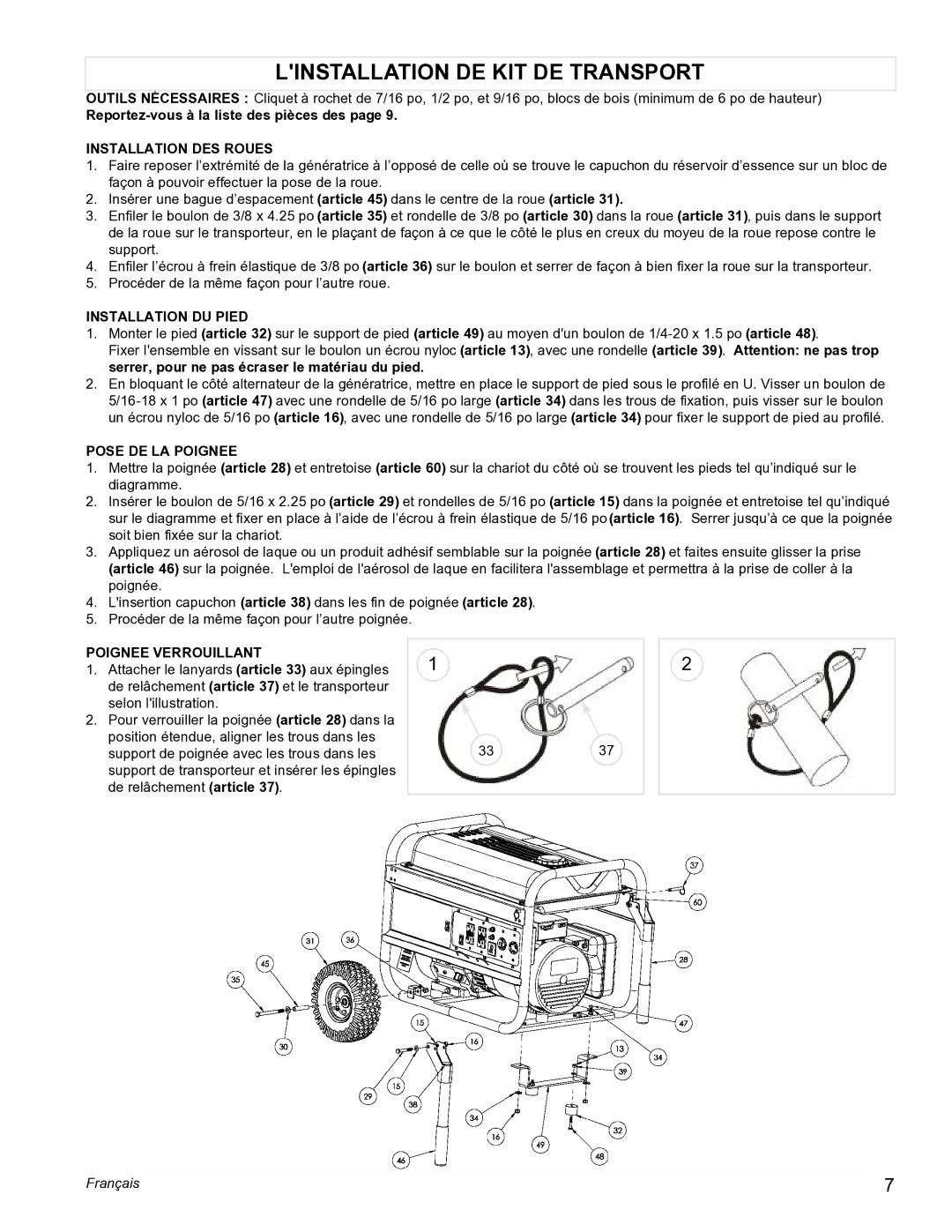 Powermate PM0605000 manual Linstallation DE KIT DE Transport, Reportez-vous à la liste des pièces des 