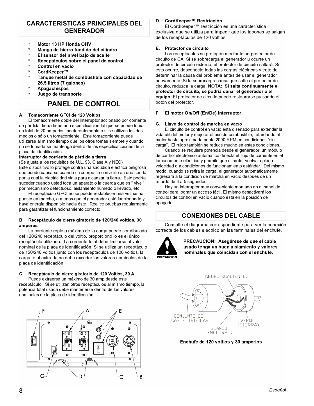 Powermate PM0605000 manual Panel DE Control, Caracteristicas Principales DEL Generador, Conexiones DEL Cable 