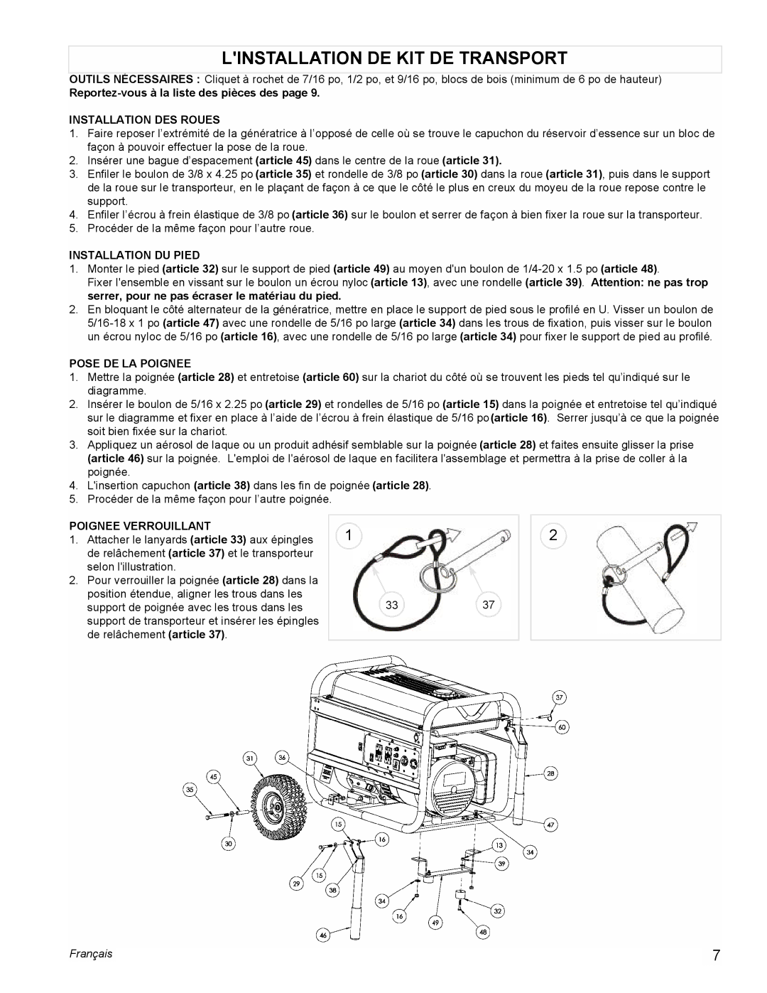 Powermate PM0606500 manual Linstallation DE KIT DE Transport, Reportez-vous à la liste des pièces des 