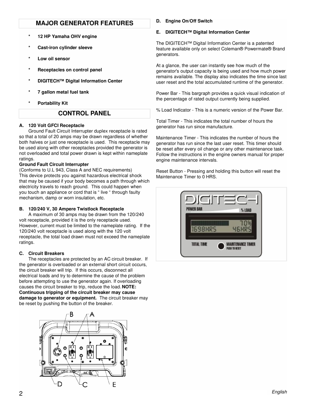 Powermate PM0606750 manual Major Generator Features, Control Panel 