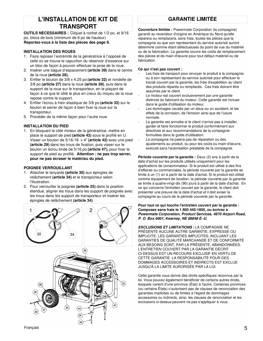 Powermate PM0606750 manual Linstallation De Kit De Transport, Garantie Limitée, Français 
