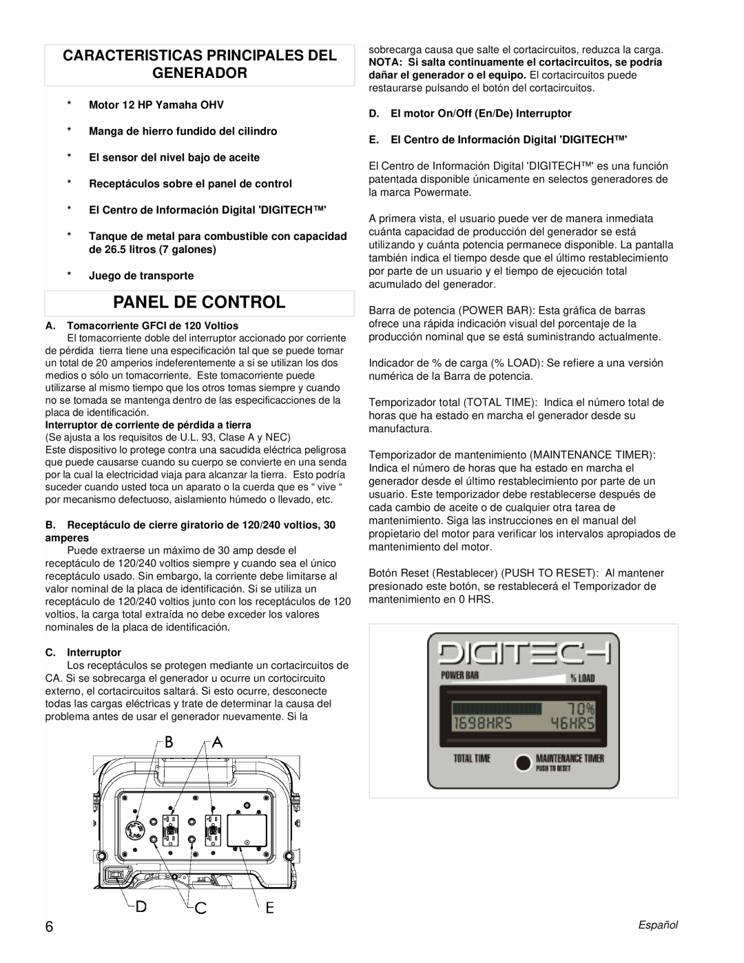 Powermate PM0606750 manual Panel De Control, Caracteristicas Principales Del Generador 