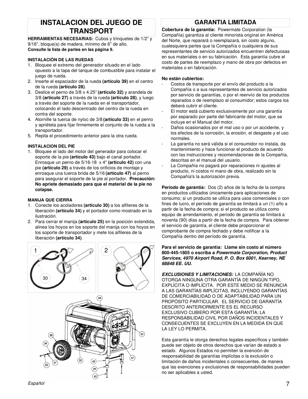 Powermate PM0606750 manual Instalacion Del Juego De Transport, Garantia Limitada, Español 