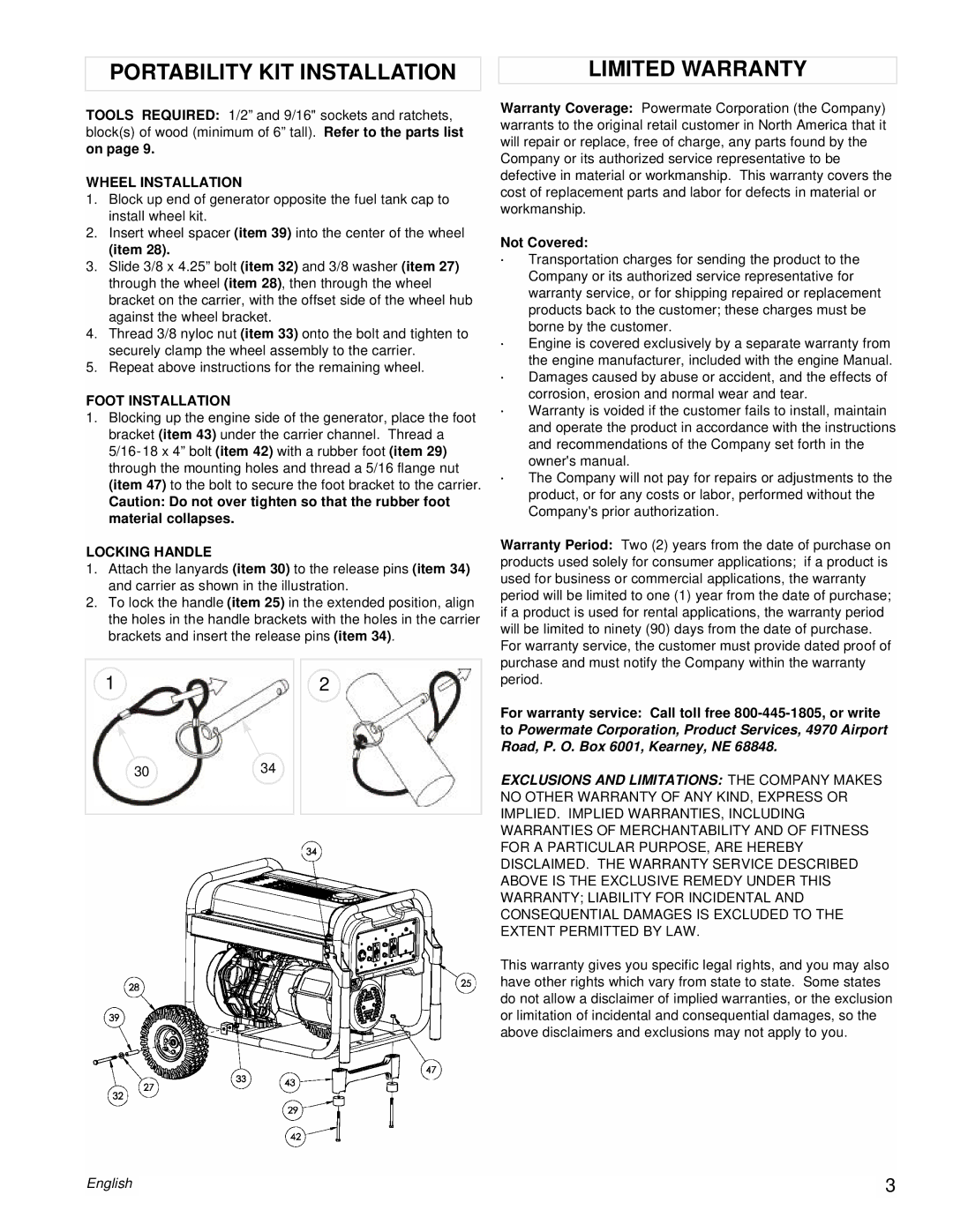 Powermate PM0606750 Portability KIT Installation, Limited Warranty, Wheel Installation, Foot Installation, Locking Handle 