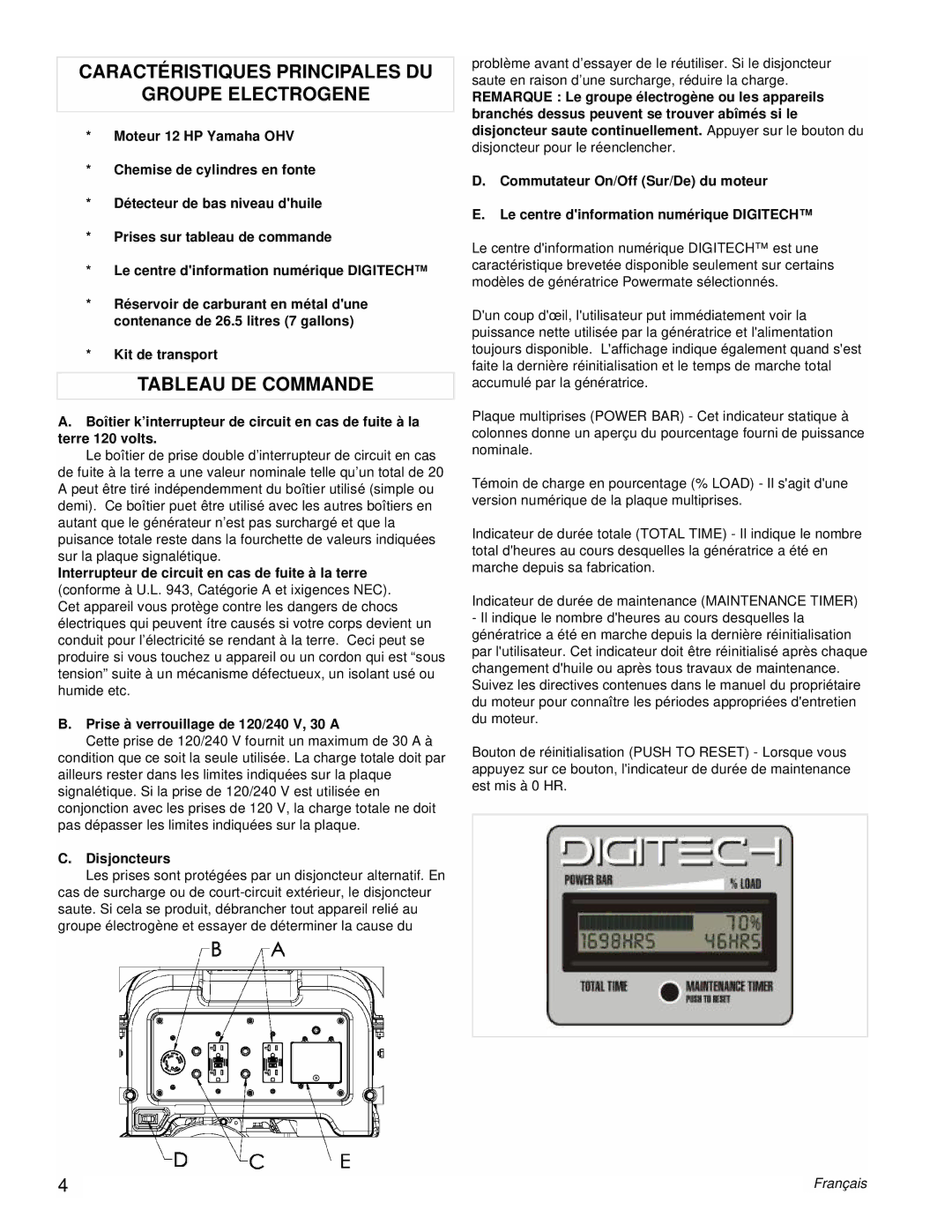 Powermate PM0606750 manual Caractéristiques Principales DU Groupe Electrogene, Tableau DE Commande, Disjoncteurs 