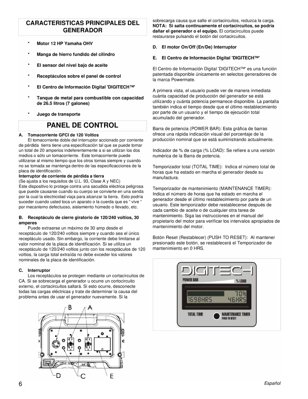 Powermate PM0606750 manual Panel DE Control, Caracteristicas Principales DEL Generador, Interruptor 