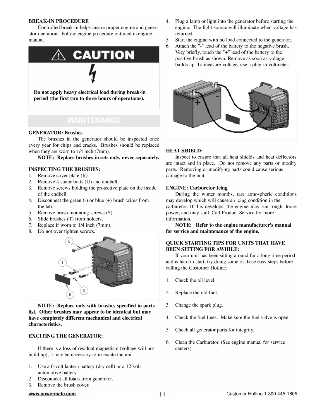 Powermate PM0645500 manual Maintenance, BREAK-IN Procedure, Inspecting the Brushes, Exciting the Generator, Heat Shield 