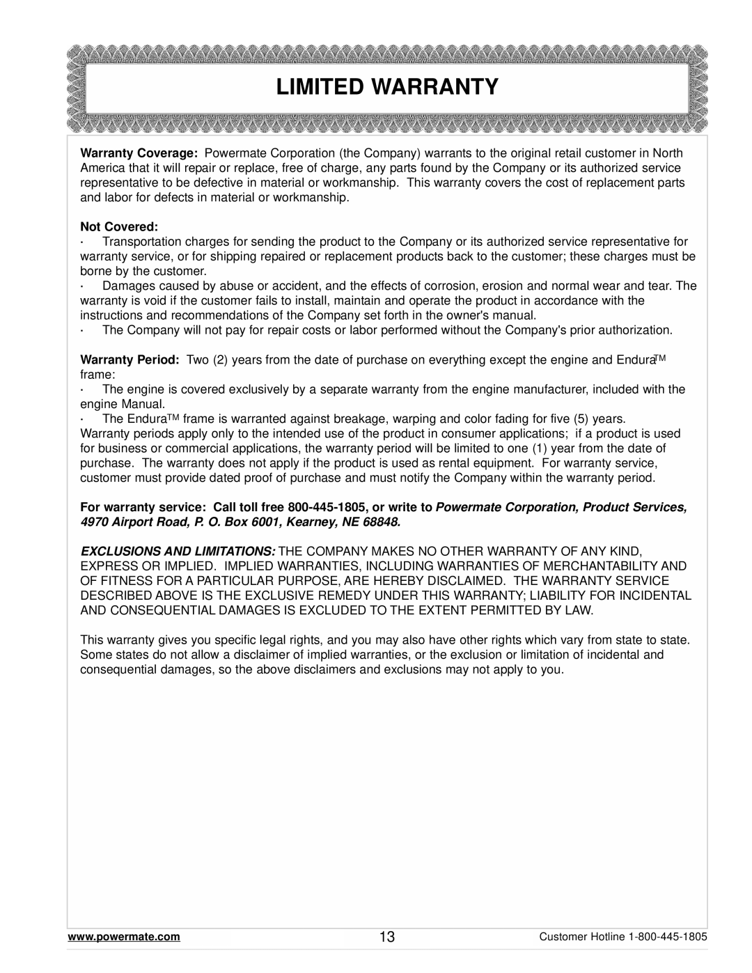 Powermate PM0645500 manual Limited Warranty 