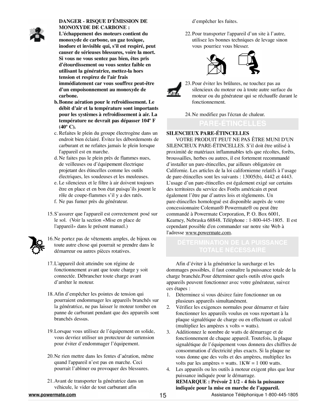 Powermate PM0645500 manual Pare-Étincelles, Détermination DE LA Puissance Totale Nécessaire, Silencieux PARE-ÉTINCELLES 