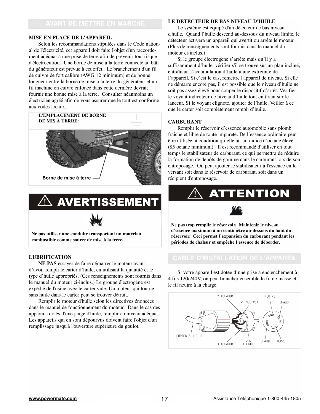 Powermate PM0645500 Avant DE Mettre EN Marche, Cable Dinstallation DE Lappareil, Mise EN Place DE Lappareil, Carburant 