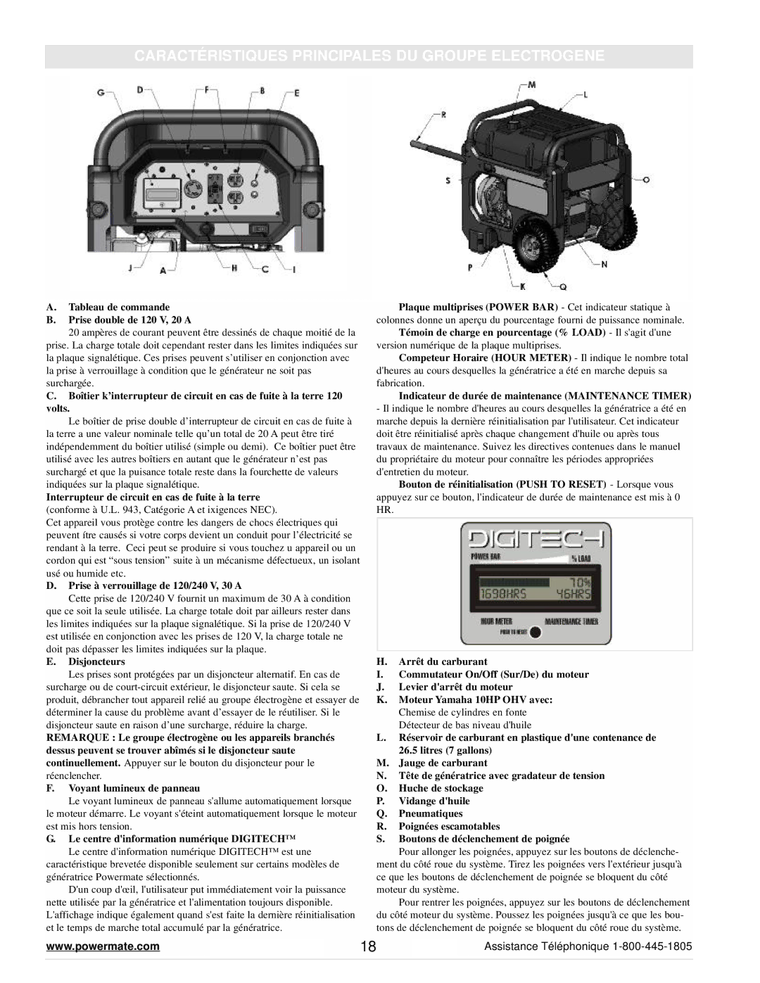 Powermate PM0645500 manual Caractéristiques Principales DU Groupe Electrogene 