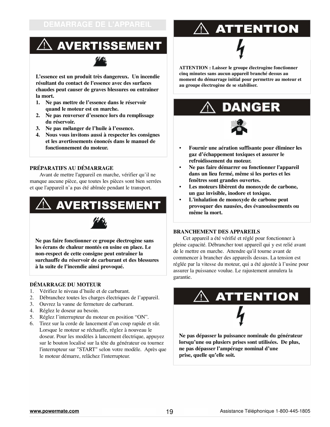 Powermate PM0645500 manual Demarrage DE Lappareil, Préparatifs AU Démarrage, Démarrage DU Moteur, Branchement DES Appareils 