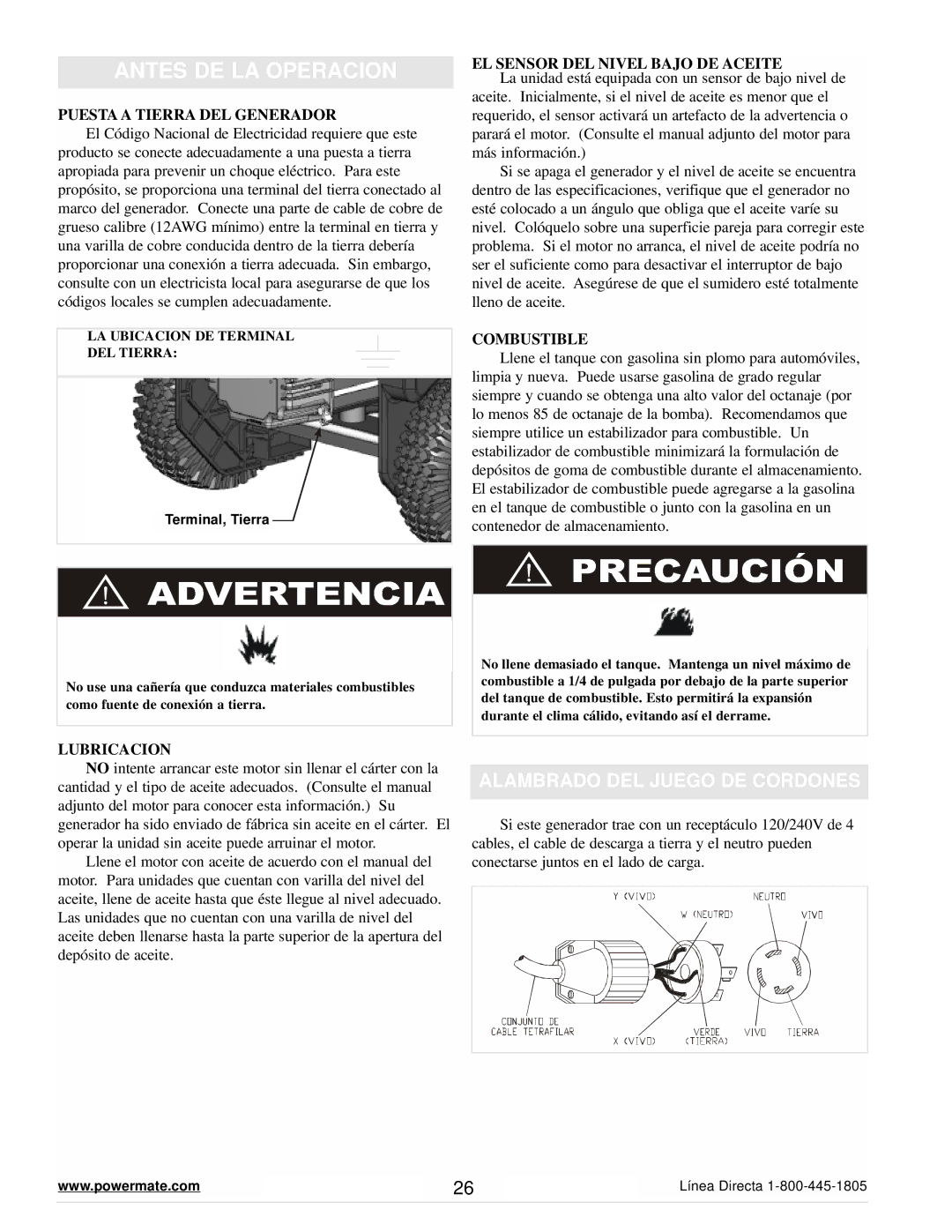 Powermate PM0645500 manual Antes DE LA Operacion, Alambrado DEL Juego DE Cordones 