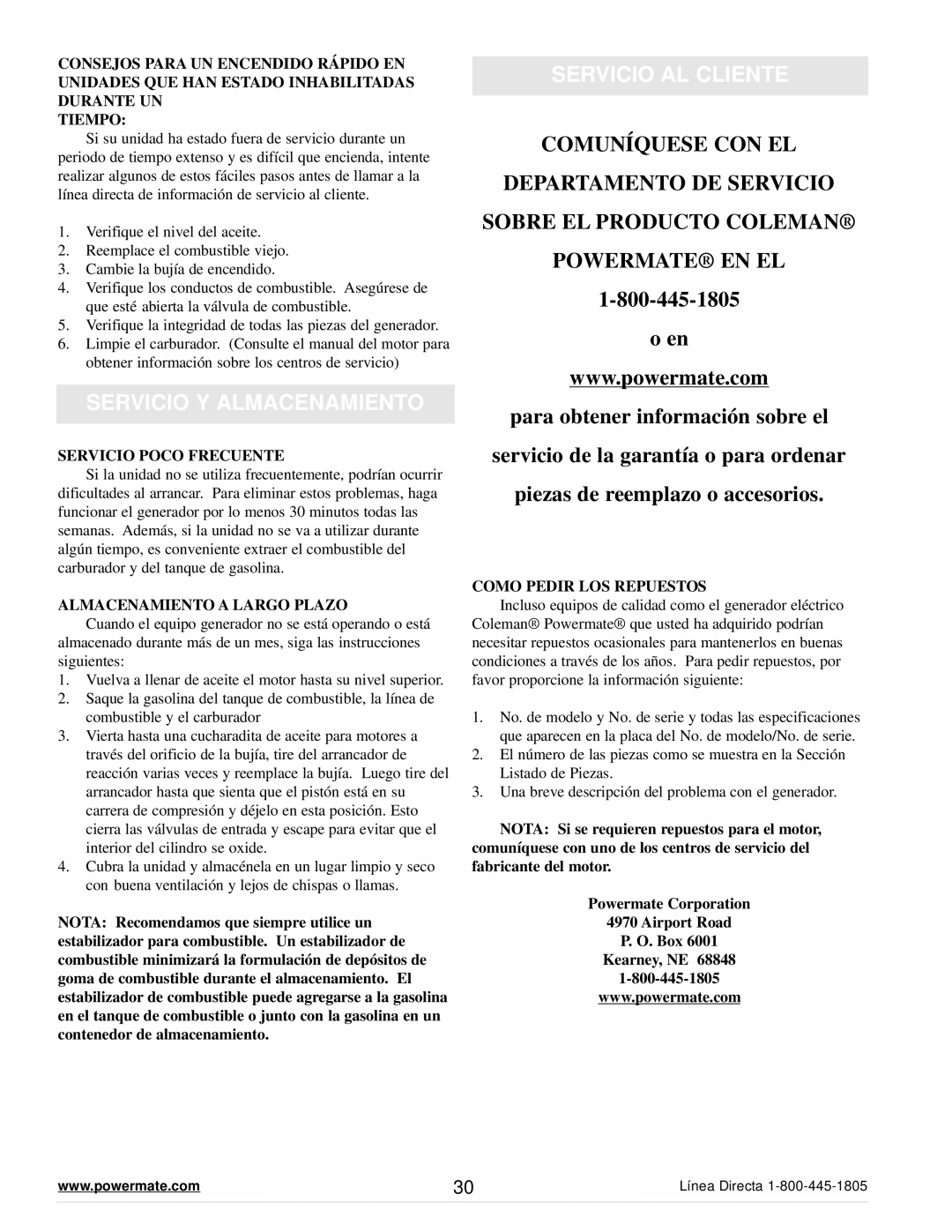 Powermate PM0645500 Servicio Y Almacenamiento, Servicio AL Cliente, Servicio Poco Frecuente, Almacenamiento a Largo Plazo 