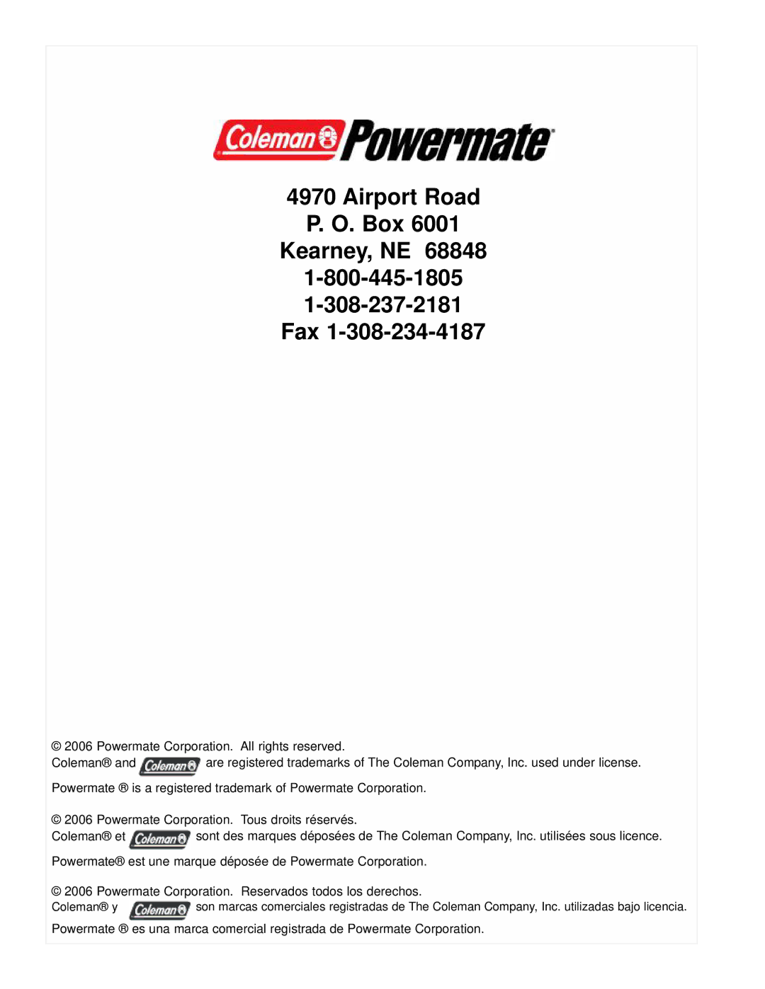 Powermate PM0645500 manual Airport Road Box Kearney, NE Fax 