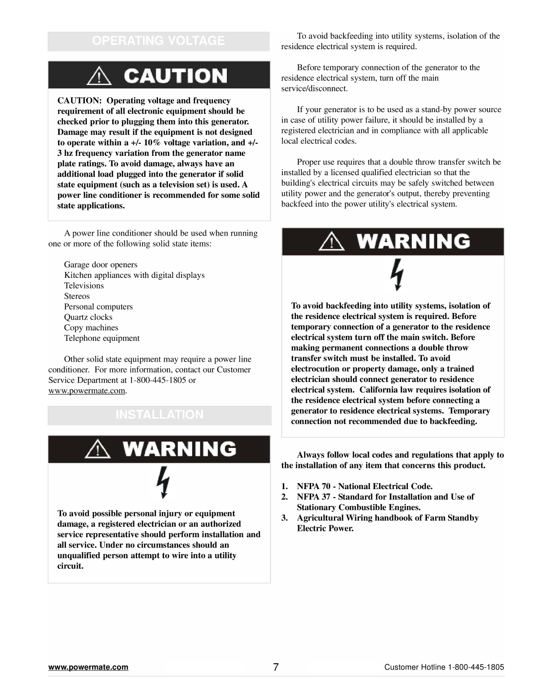 Powermate PM0645500 manual Operating Voltage, Installation 