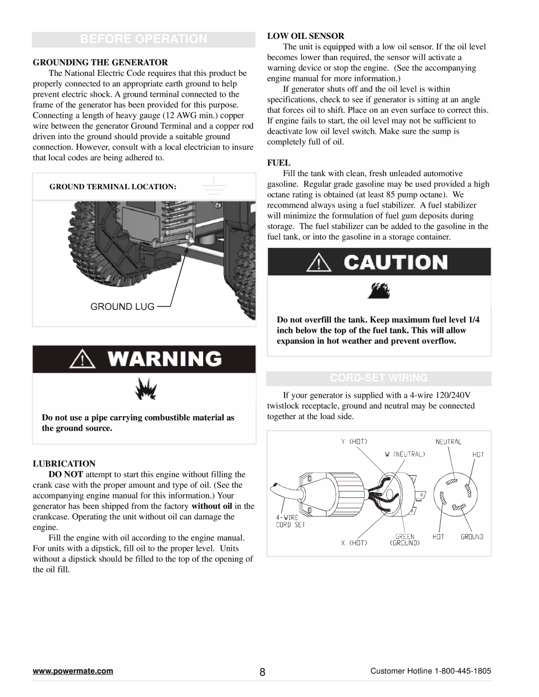 Powermate PM0645500 manual Before Operation, CORD-SET Wiring 