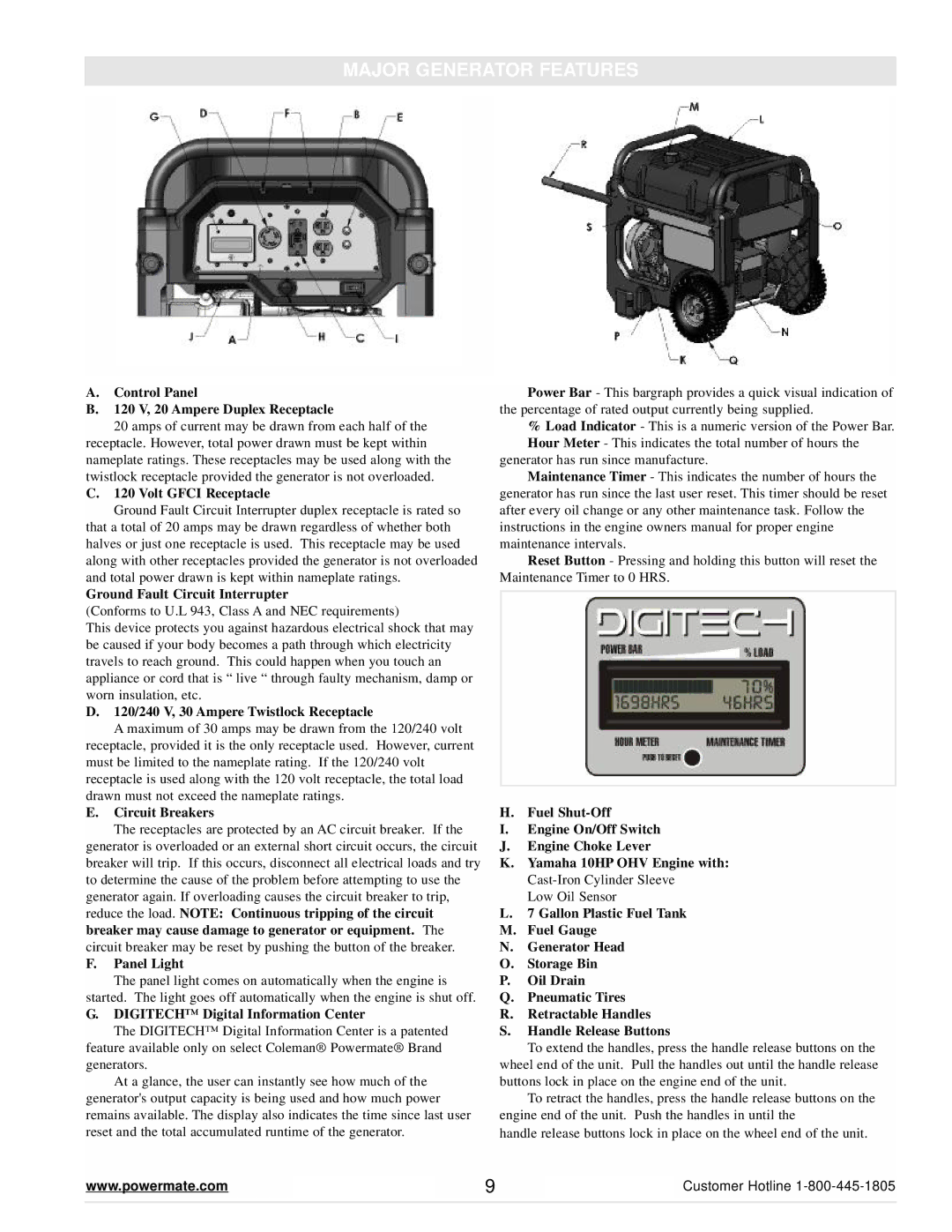 Powermate PM0645500 manual Major Generator Features, 120 V, 20 Ampere Duplex Receptacle 