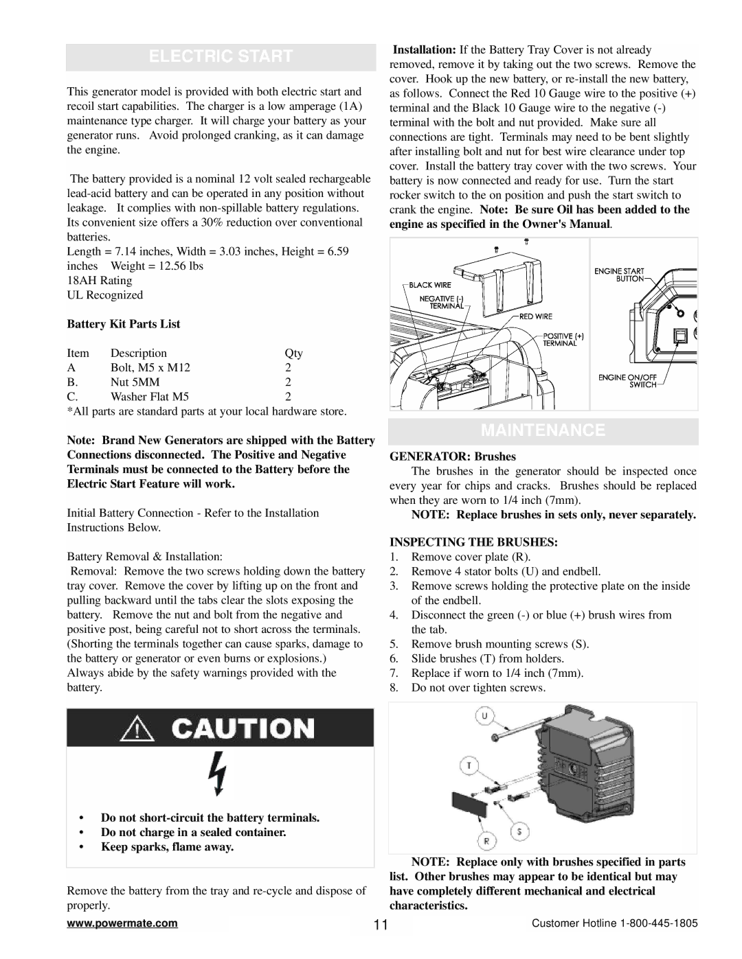 Powermate PM0647001 manual Electric Start, Maintenance, Inspecting the Brushes 