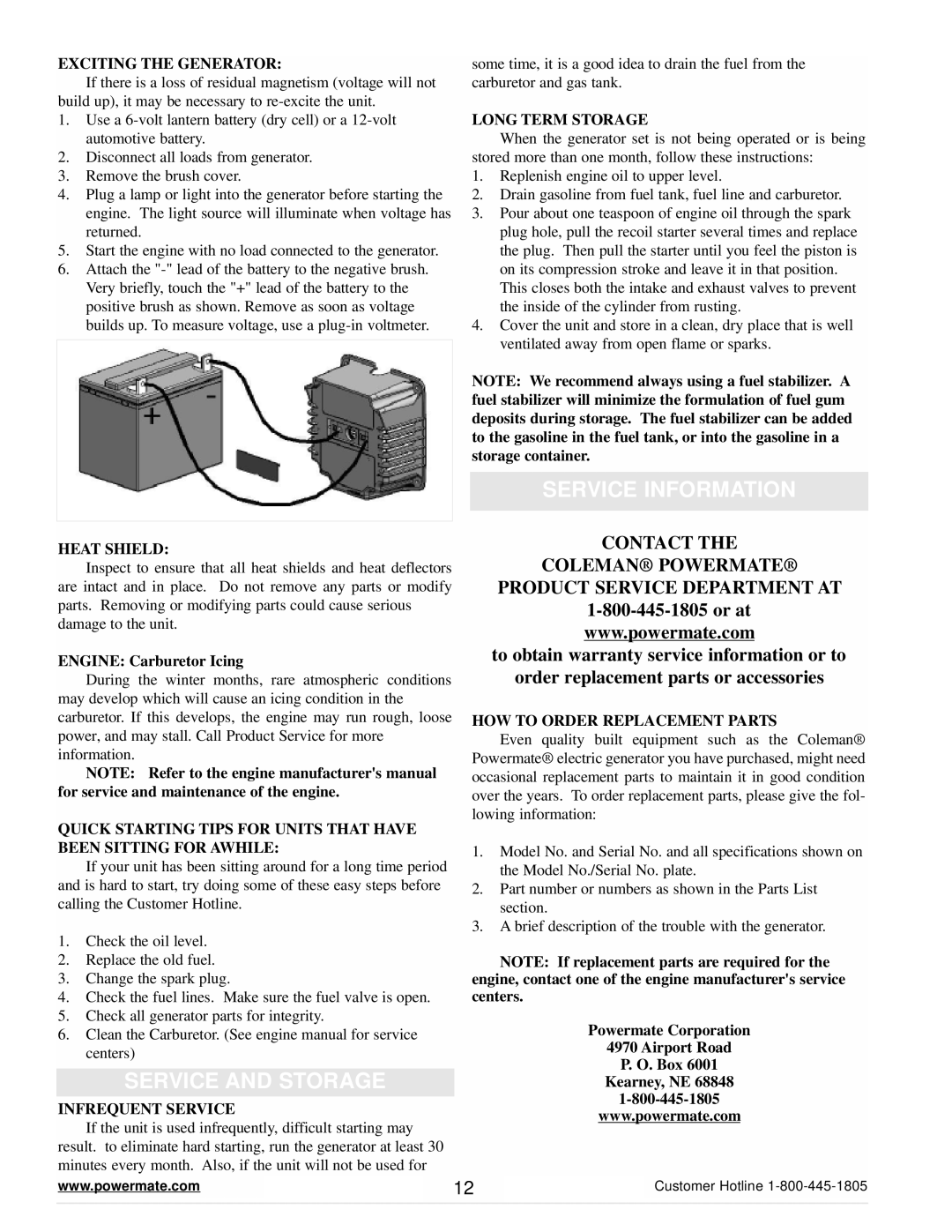 Powermate PM0647001 manual Service Information, Service and Storage 