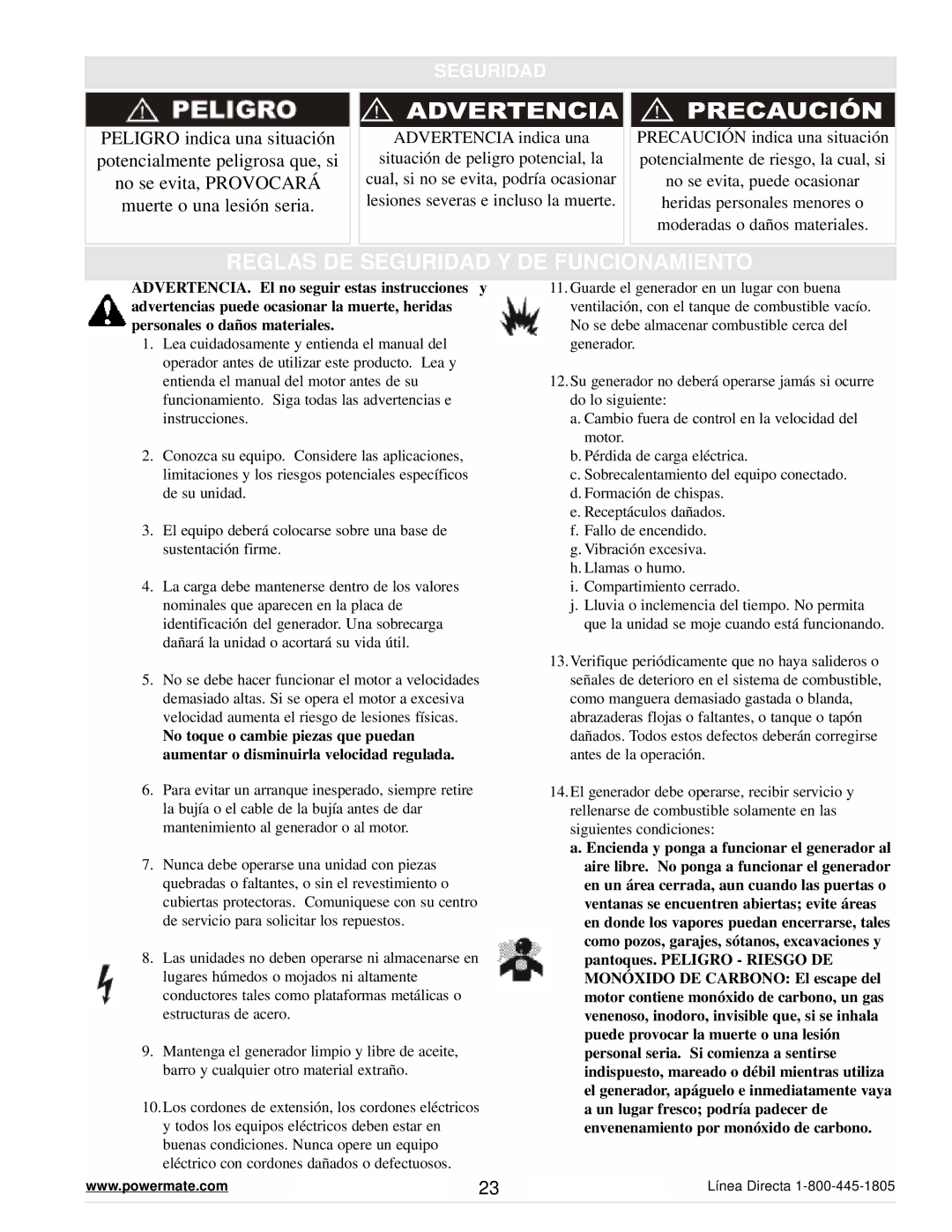 Powermate PM0647001 manual Reglas DE Seguridad Y DE Funcionamiento 