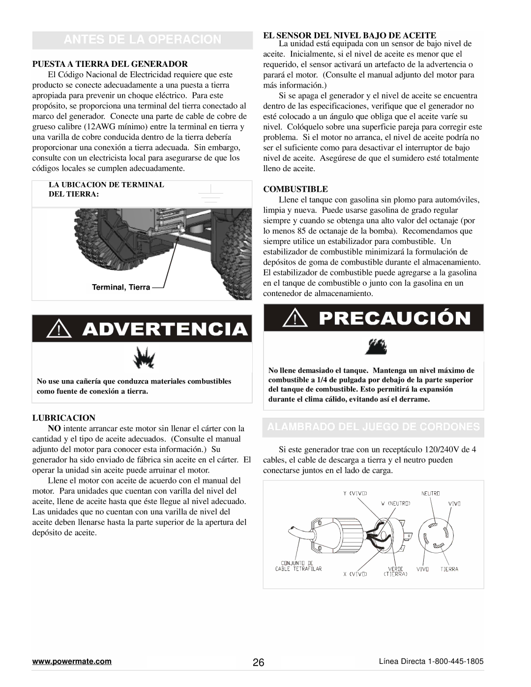 Powermate PM0647001 manual Antes DE LA Operacion, Alambrado DEL Juego DE Cordones 