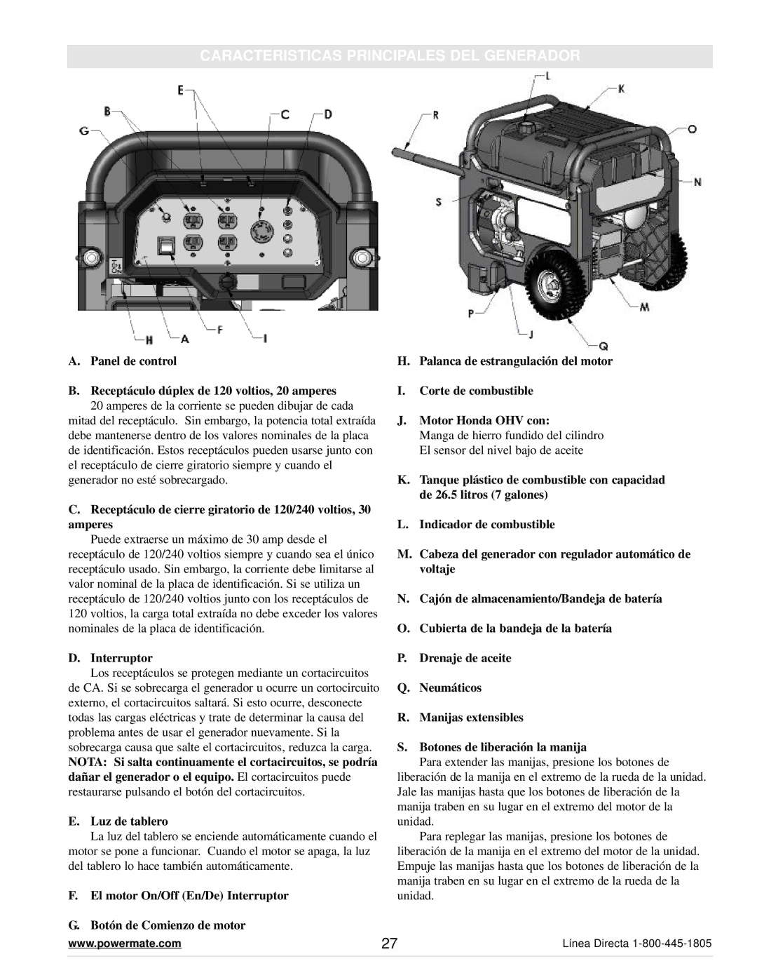 Powermate PM0647001 manual Caracteristicas Principales DEL Generador, Interruptor 