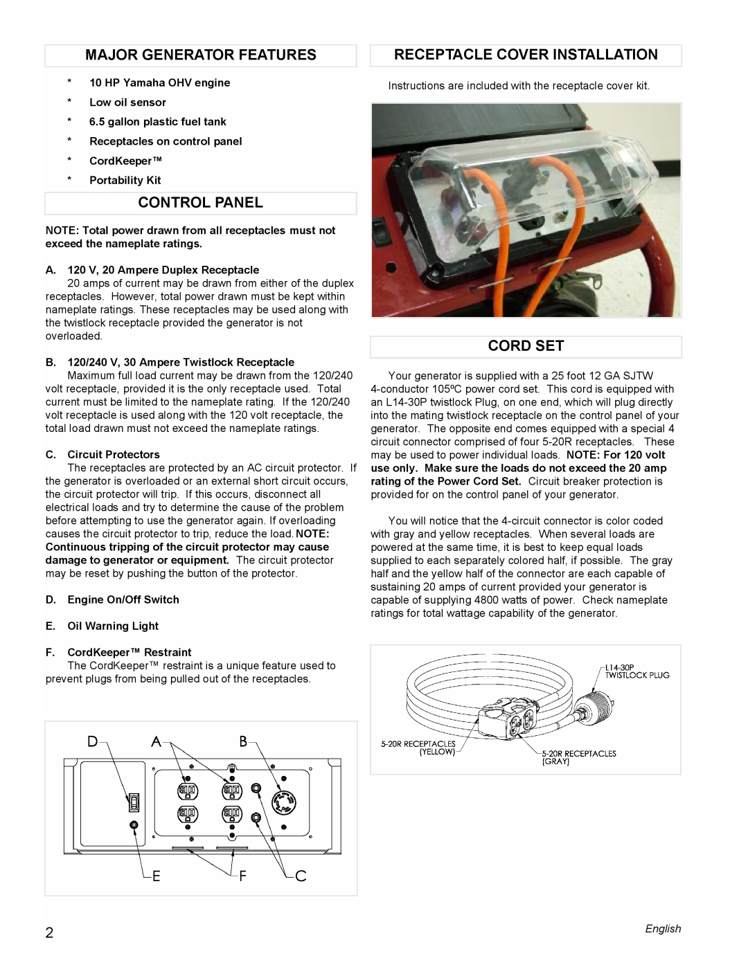 Powermate PM0675700 manual Major Generator Features, Receptacle Cover Installation, Control Panel, Cord Set 