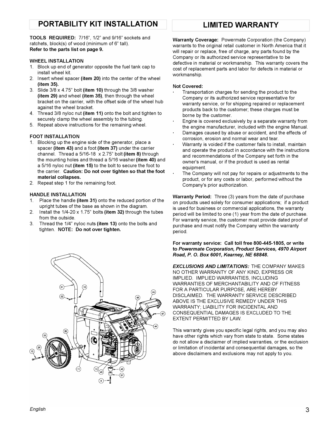 Powermate PM0675700 Portability Kit Installation, Limited Warranty, Refer to the parts list on page, Wheel Installation 