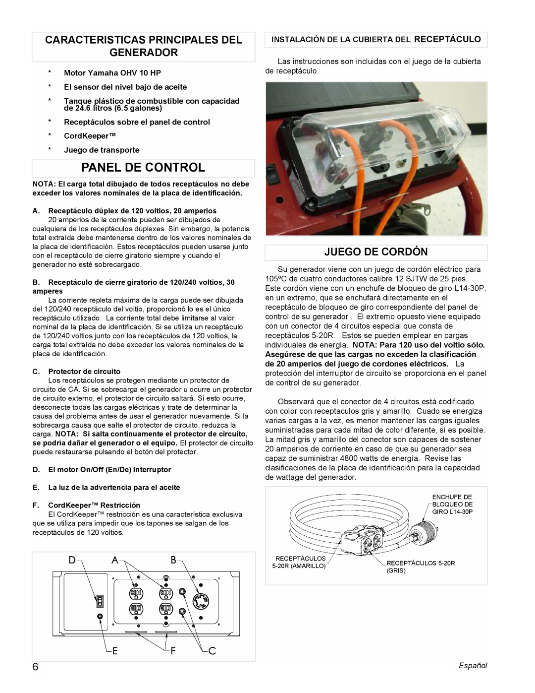 Powermate PM0675700 manual Panel De Control, Caracteristicas Principales Del Generador, Juego De Cordón 