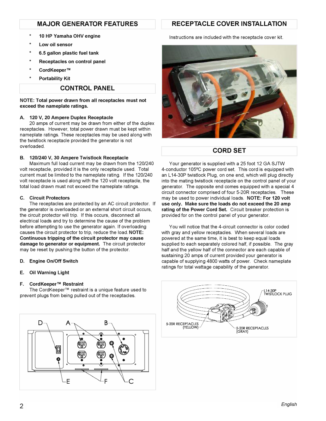 Powermate PM0675700 manual Major Generator Features Receptacle Cover Installation, Control Panel, Cord SET 