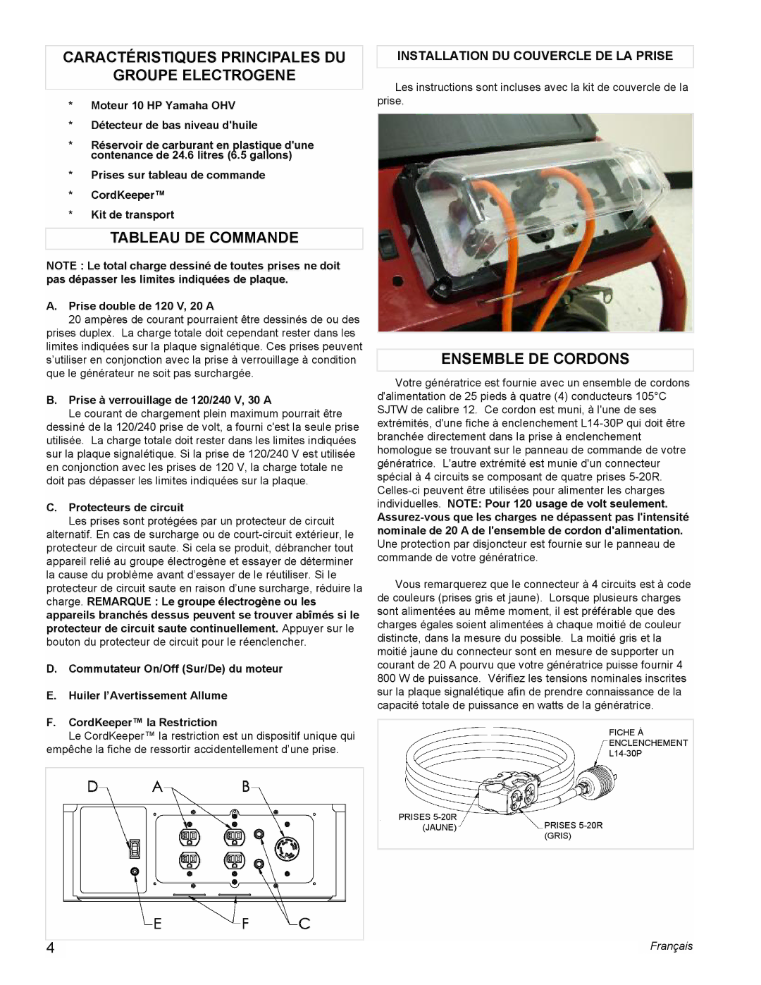 Powermate PM0675700 manual Caractéristiques Principales DU Groupe Electrogene, Tableau DE Commande, Ensemble DE Cordons 