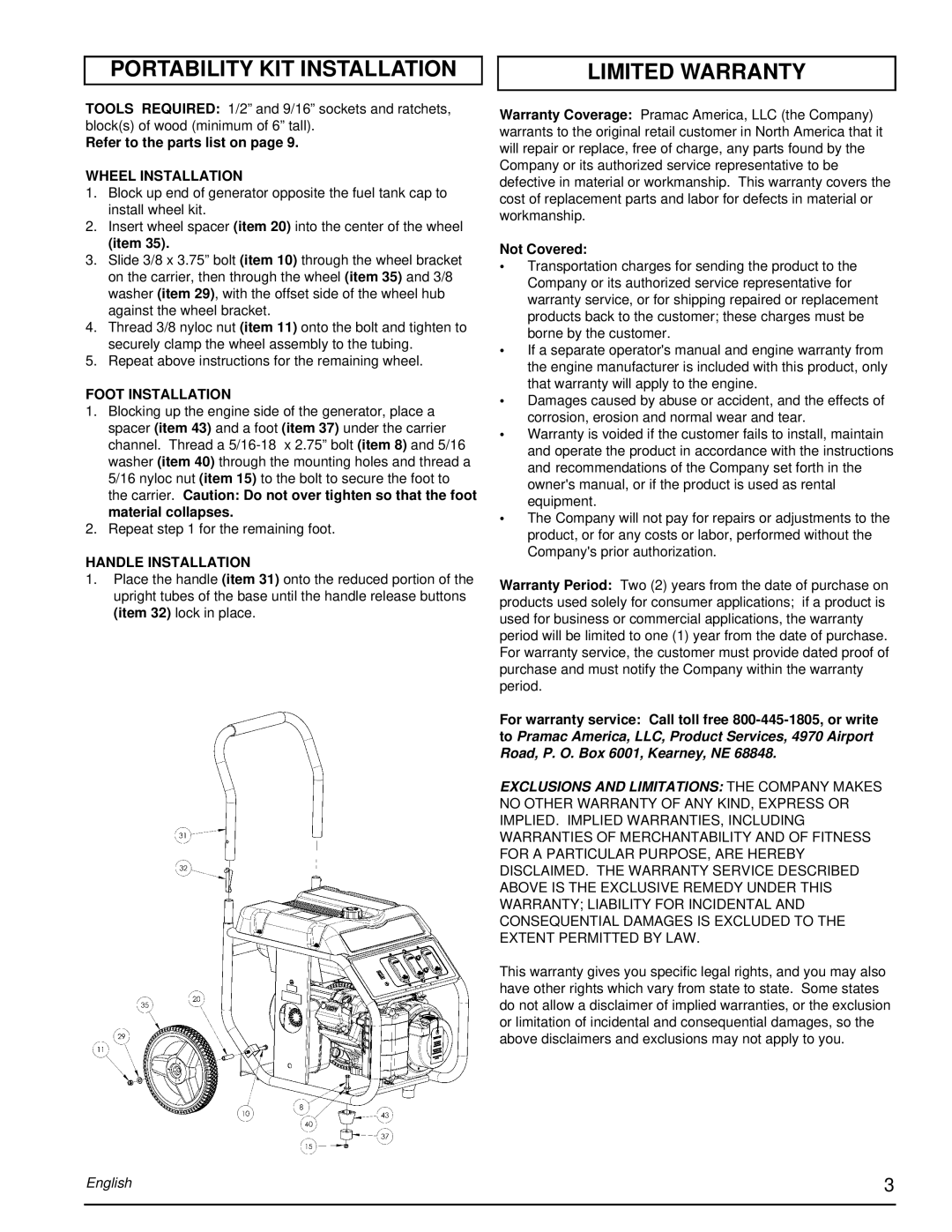 Powermate PM0675700.04 Portability Kit Installation, Limited Warranty, Refer to the parts list on page, Wheel Installation 