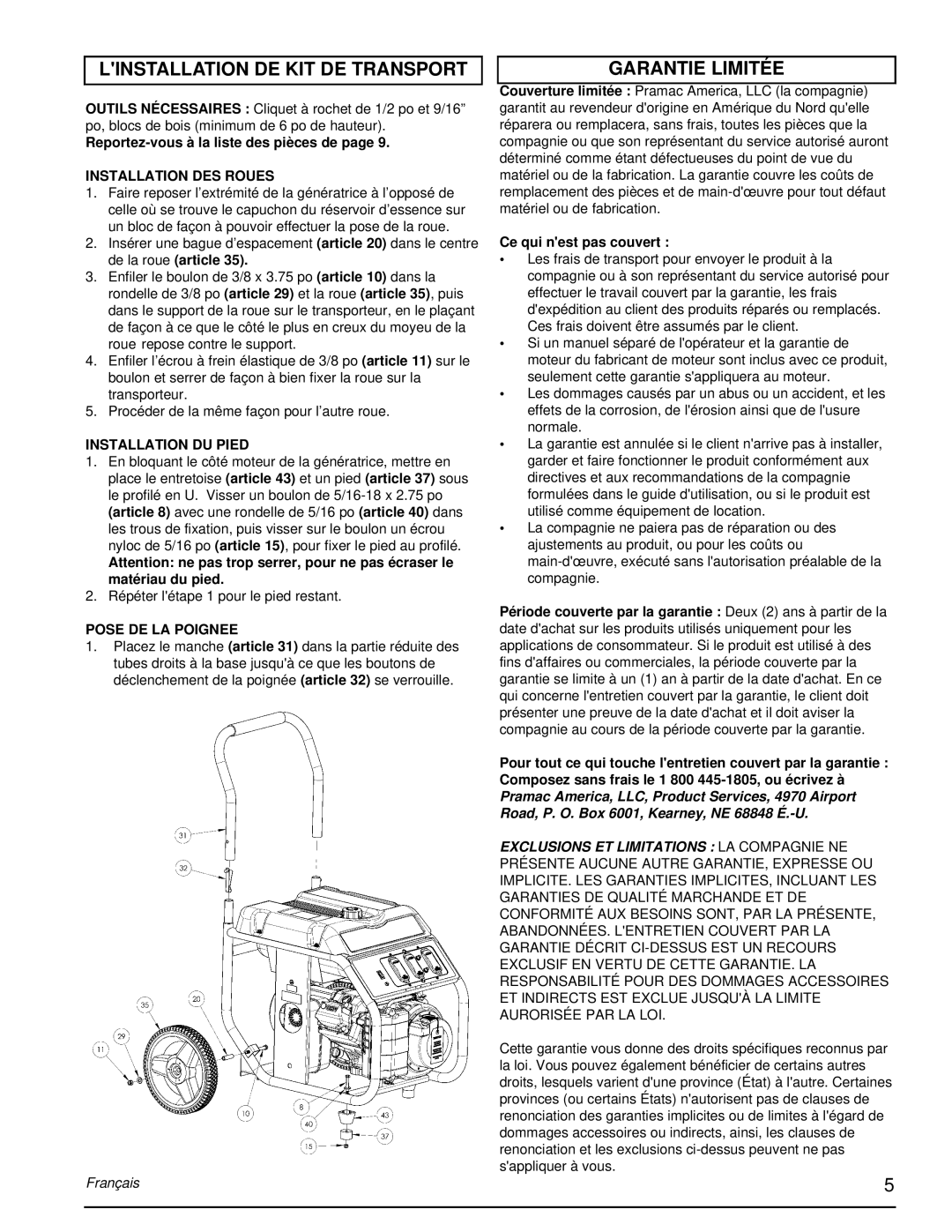 Powermate PM0675700.04 Linstallation De Kit De Transport, Garantie Limitée, Reportez-vousà la liste des pièces de page 