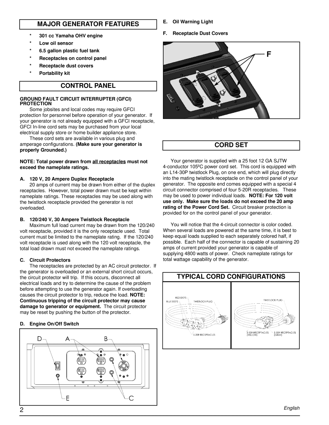 Powermate PM0675700.04 manual Major Generator Features, Control Panel, Cord SET, Typical Cord Configurations 