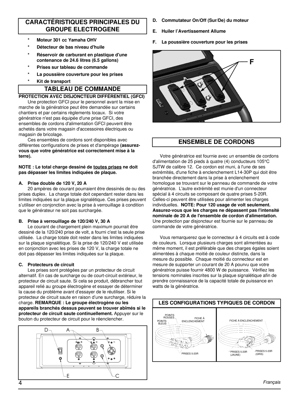 Powermate PM0675700.04 manual Caractéristiques Principales DU Groupe Electrogene, Tableau DE Commande, Ensemble DE Cordons 