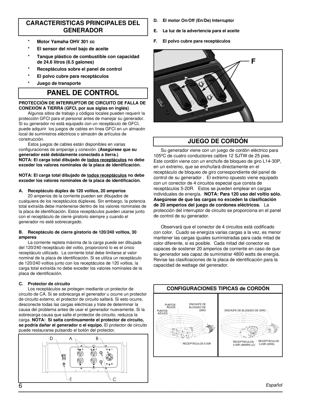 Powermate PM0675700.04 manual Caracteristicas Principales DEL Generador, Juego DE Cordón 