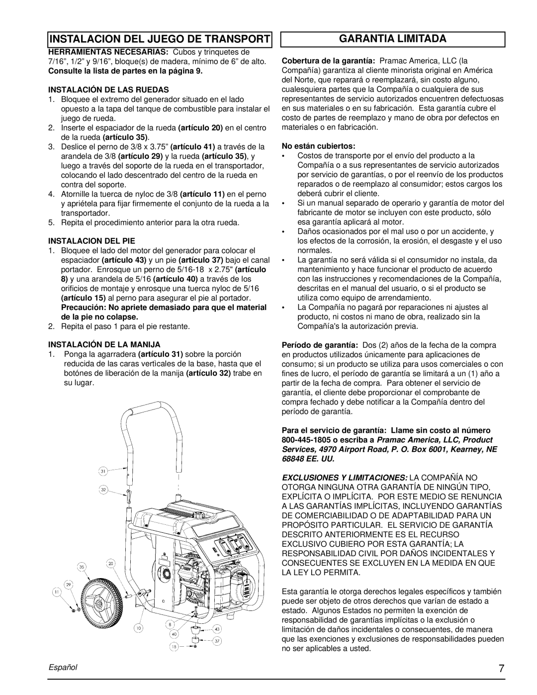 Powermate PM0675700.04 manual Instalacion DEL Juego DE Transport, Garantia Limitada, Instalación DE LAS Ruedas 