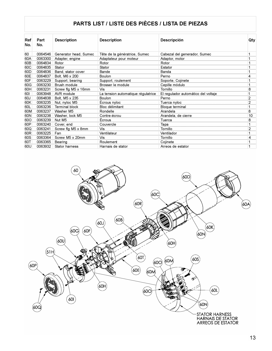 Powermate PM0676800 manual Parts List / Liste Des Pièces / Lista De Piezas, Description, Descripción 