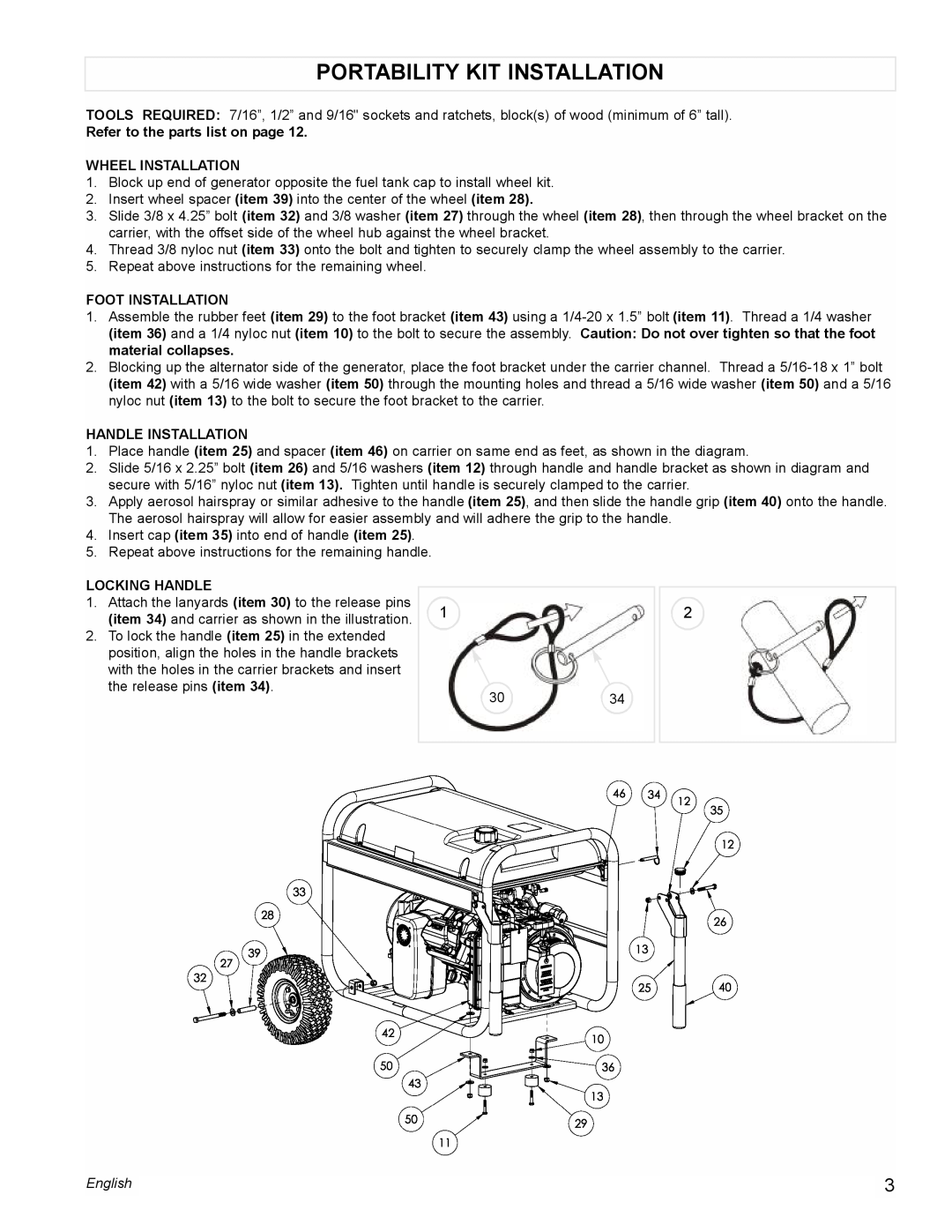 Powermate PM0676800 Portability Kit Installation, Refer to the parts list on page, Wheel Installation, Foot Installation 