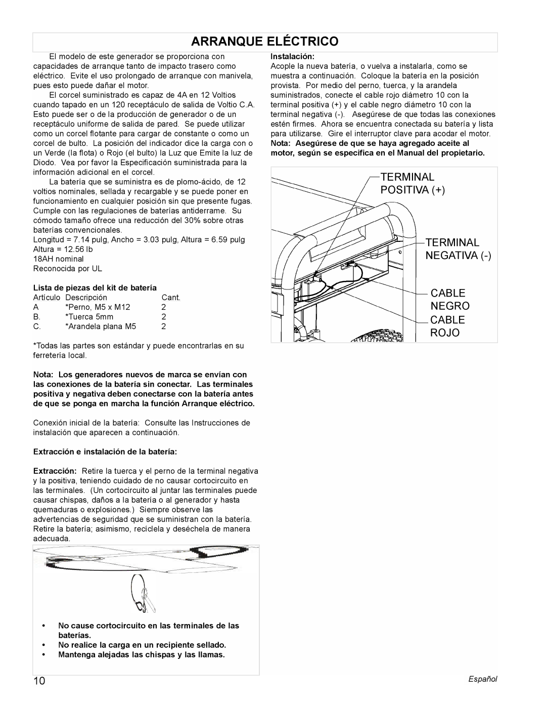 Powermate PM0676800 manual Arranque Eléctrico, Lista de piezas del kit de batería, Extracción e instalación de la batería 