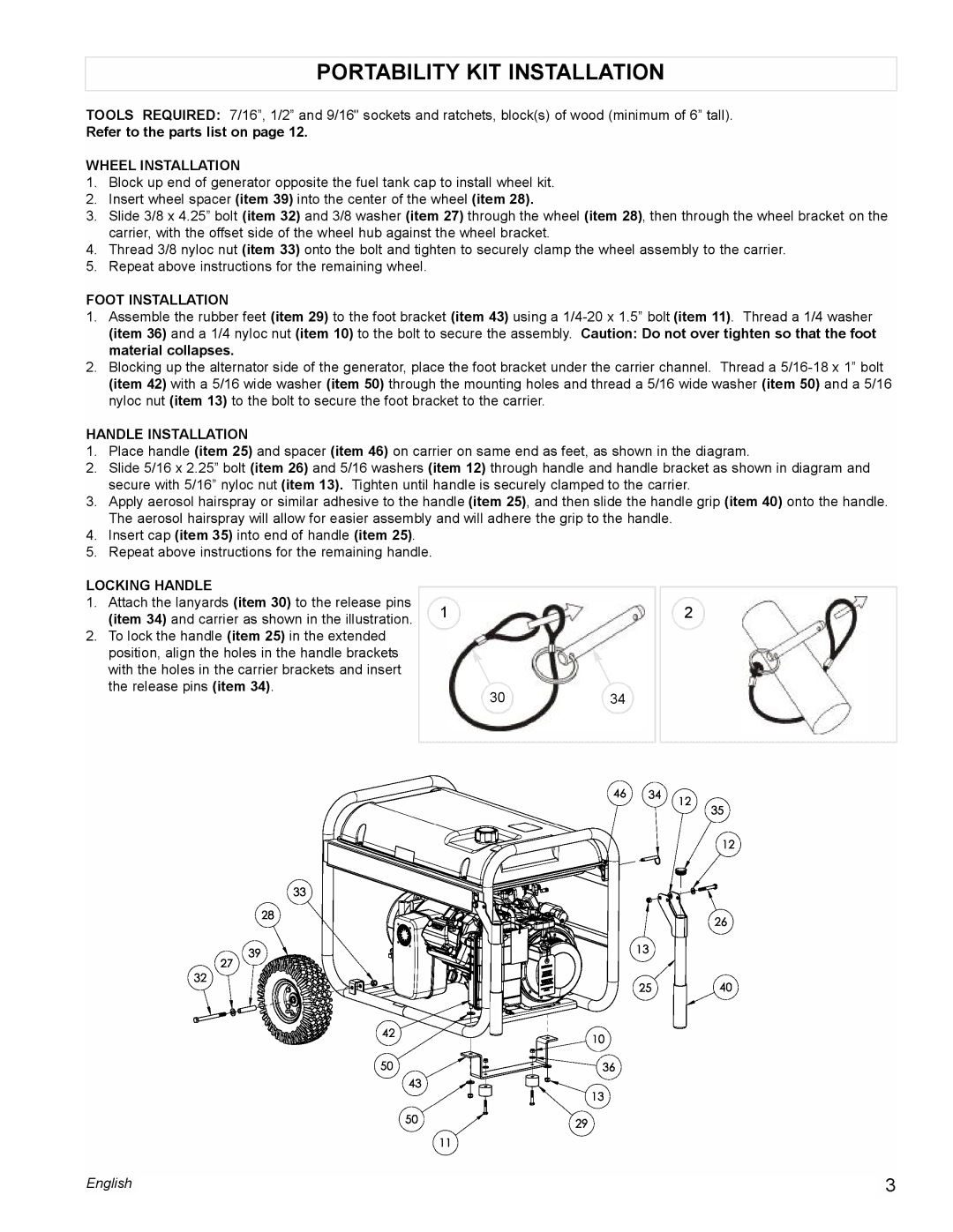 Powermate PM0676800 manual Portability KIT Installation, Wheel Installation, Foot Installation, Handle Installation 