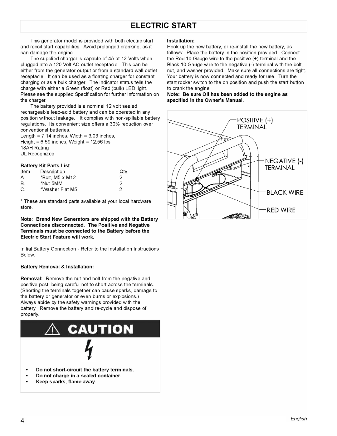 Powermate PM0676800 manual Electric Start, Battery Kit Parts List, Battery Removal & Installation 