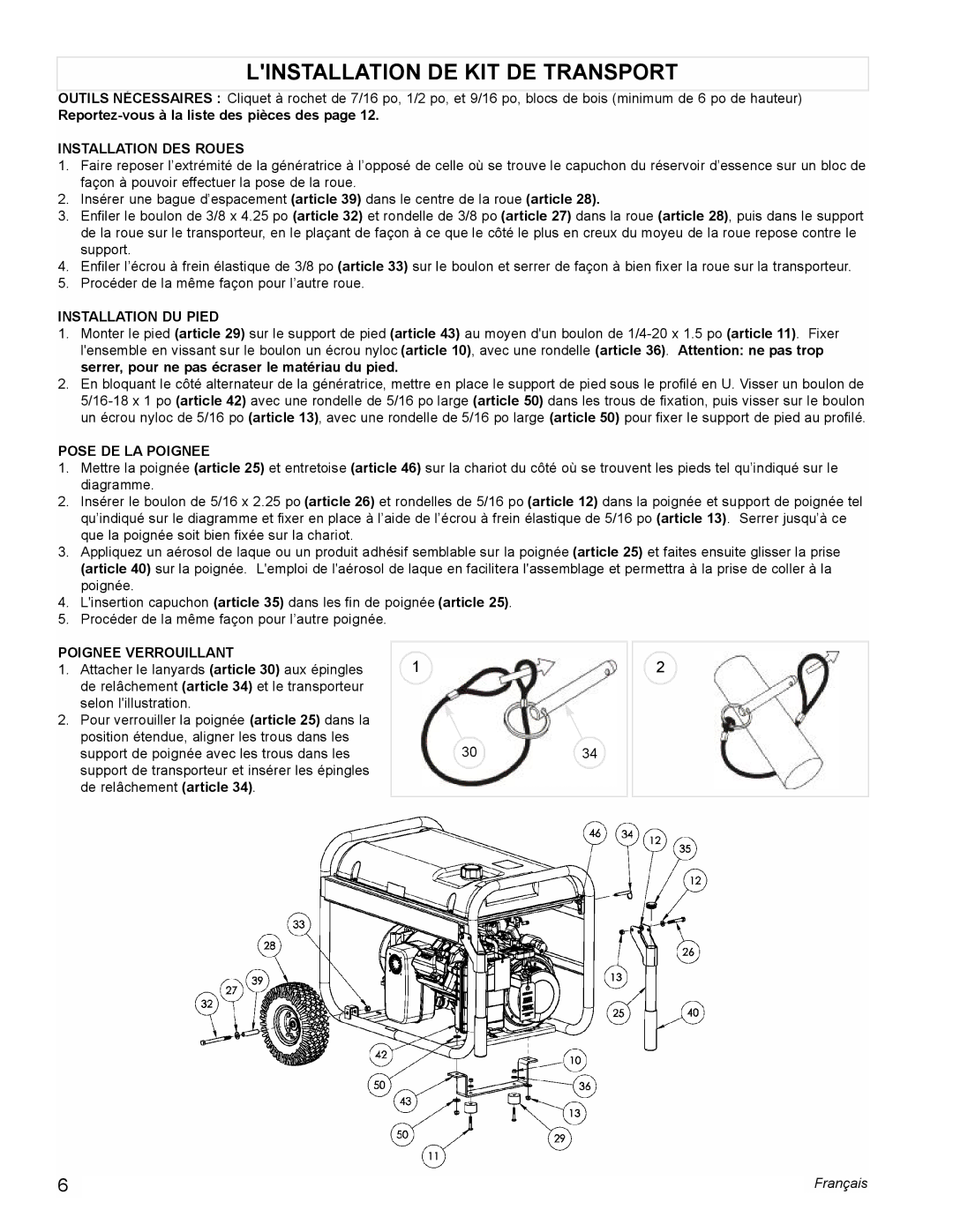 Powermate PM0676800 Linstallation DE KIT DE Transport, Installation DES Roues, Installation DU Pied, Pose DE LA Poignee 