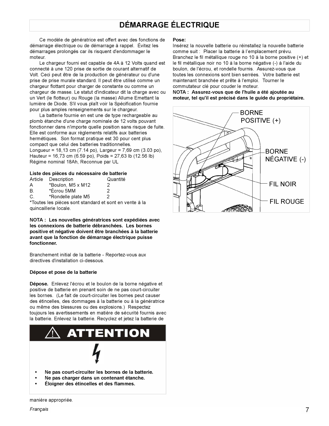 Powermate PM0676800 Démarrage Électrique, Liste des pièces du nécessaire de batterie, Dépose et pose de la batterie, Pose 